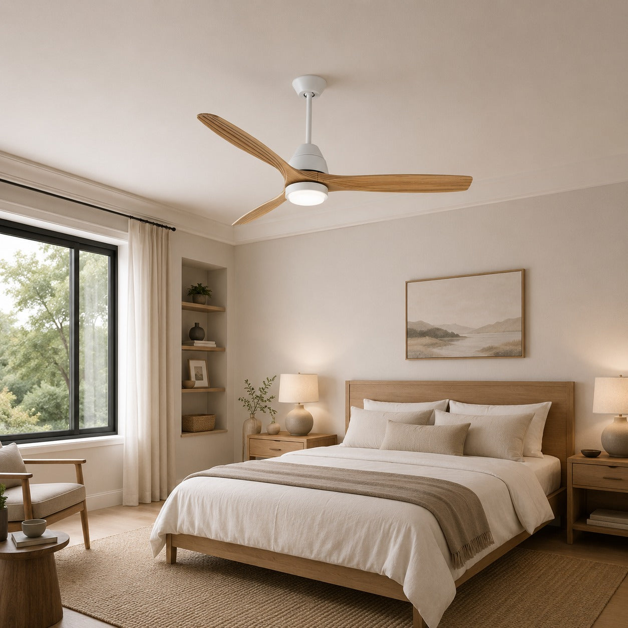 Modern Flush Mount Ceiling Fan with Lights Black Wood Blades LED Dimmable Remote Control 52 Inch | ribuella