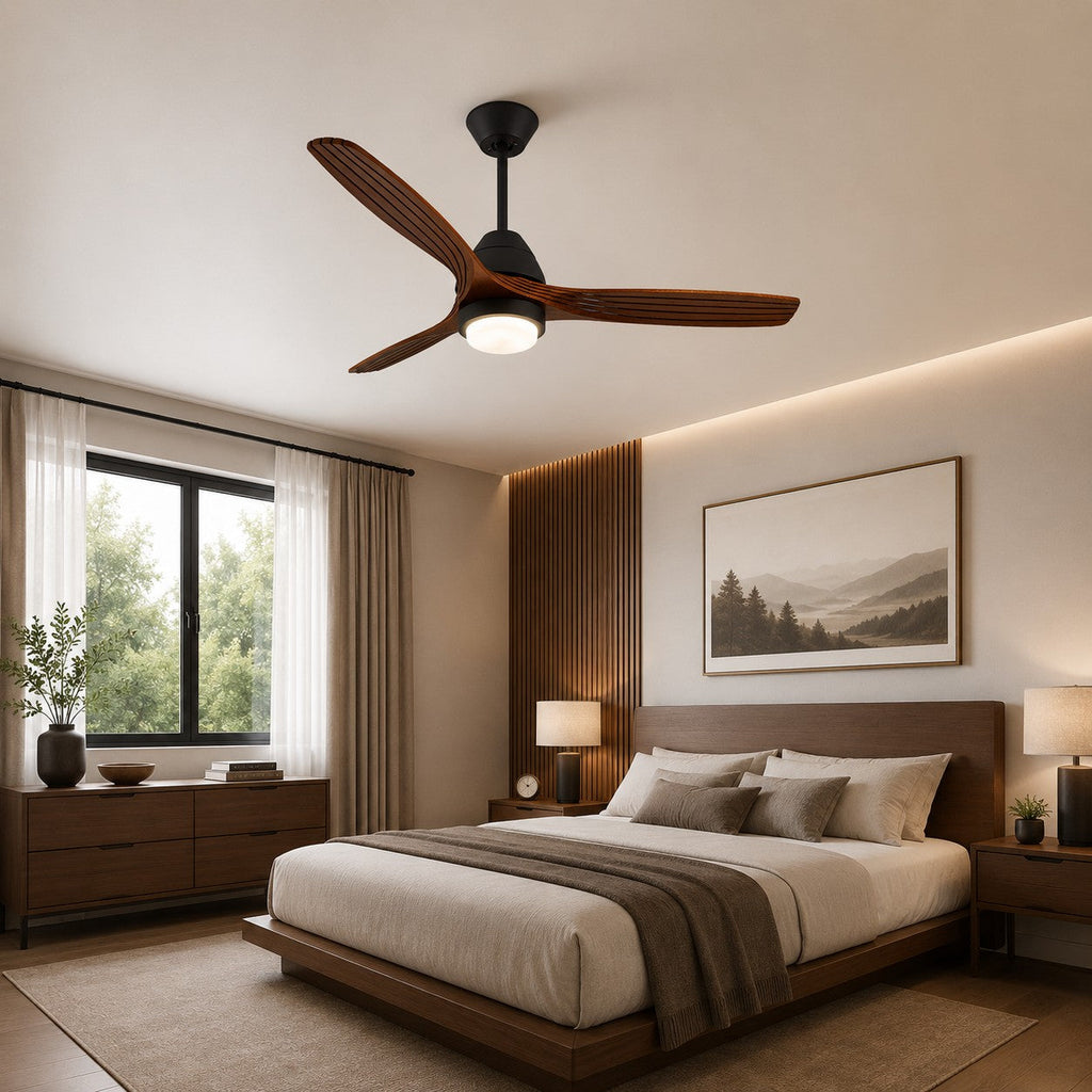 Modern Flush Mount Ceiling Fan with Lights Black Wood Blades LED Dimmable Remote Control 52 Inch | ribuella