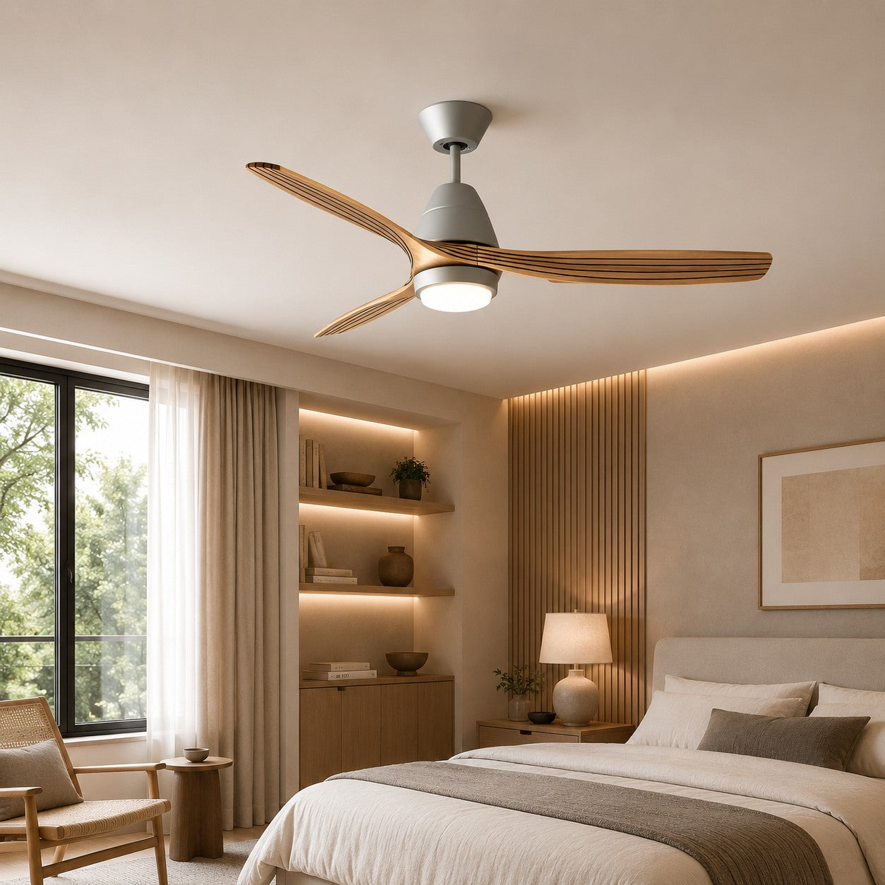 Modern Flush Mount Ceiling Fan with Lights Black Wood Blades LED Dimmable Remote Control 52 Inch | ribuella