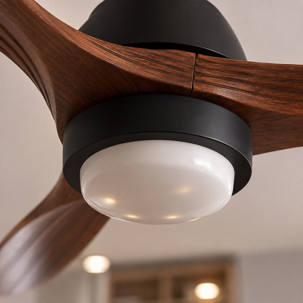 Modern Flush Mount Ceiling Fan with Lights Black Wood Blades LED Dimmable Remote Control 52 Inch | ribuella