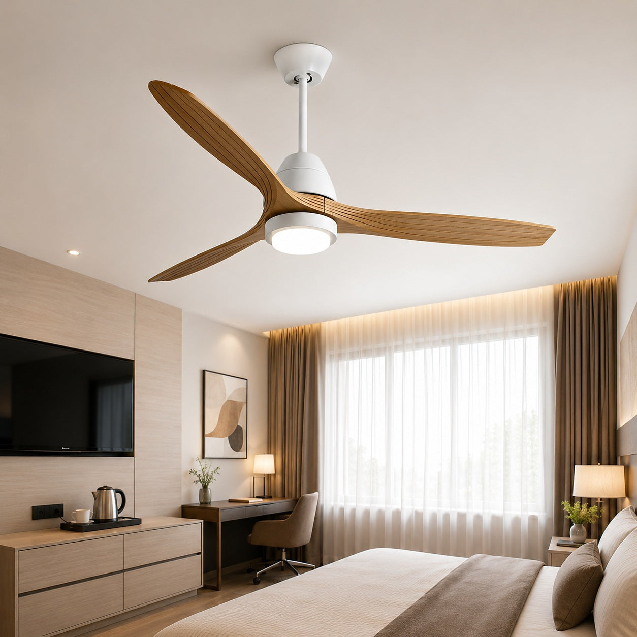 Modern Flush Mount Ceiling Fan with Lights Black Wood Blades LED Dimmable Remote Control 52 Inch | ribuella