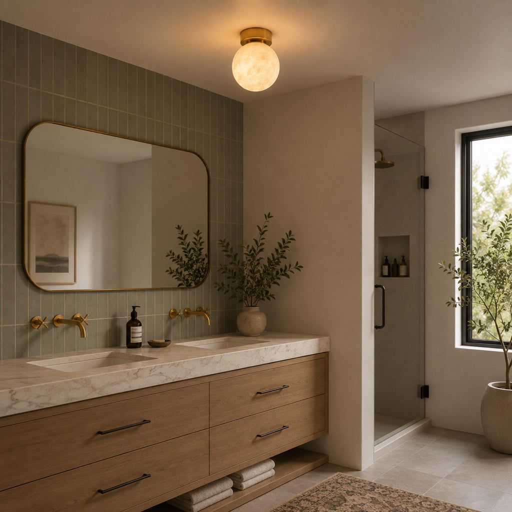 Plafonnier moderne à montage affleurant, cuivre et albâtre, luminaire à halo lumineux doux et chaleureux | ribuella