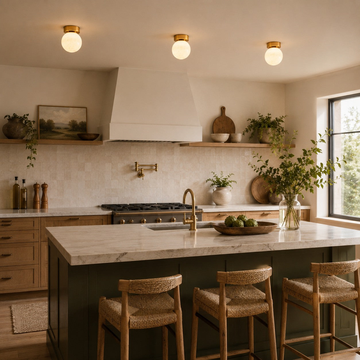 Plafonnier moderne à montage affleurant, cuivre et albâtre, luminaire à halo lumineux doux et chaleureux | ribuella