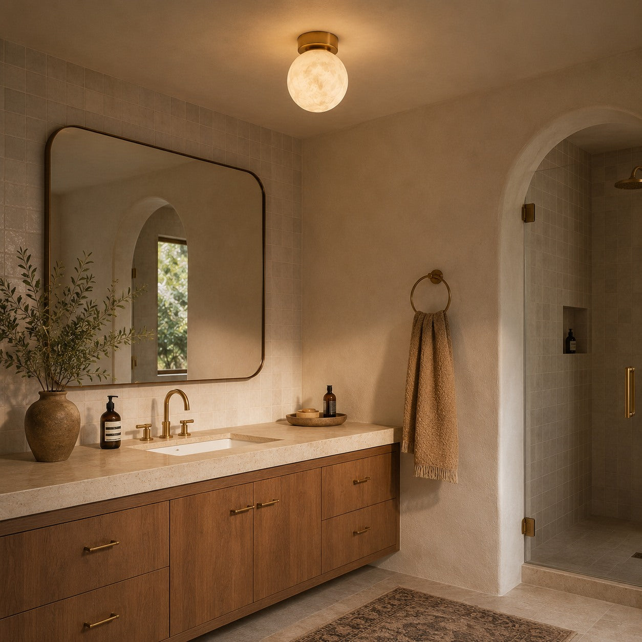 Plafonnier moderne à montage affleurant, cuivre et albâtre, luminaire à halo lumineux doux et chaleureux | ribuella