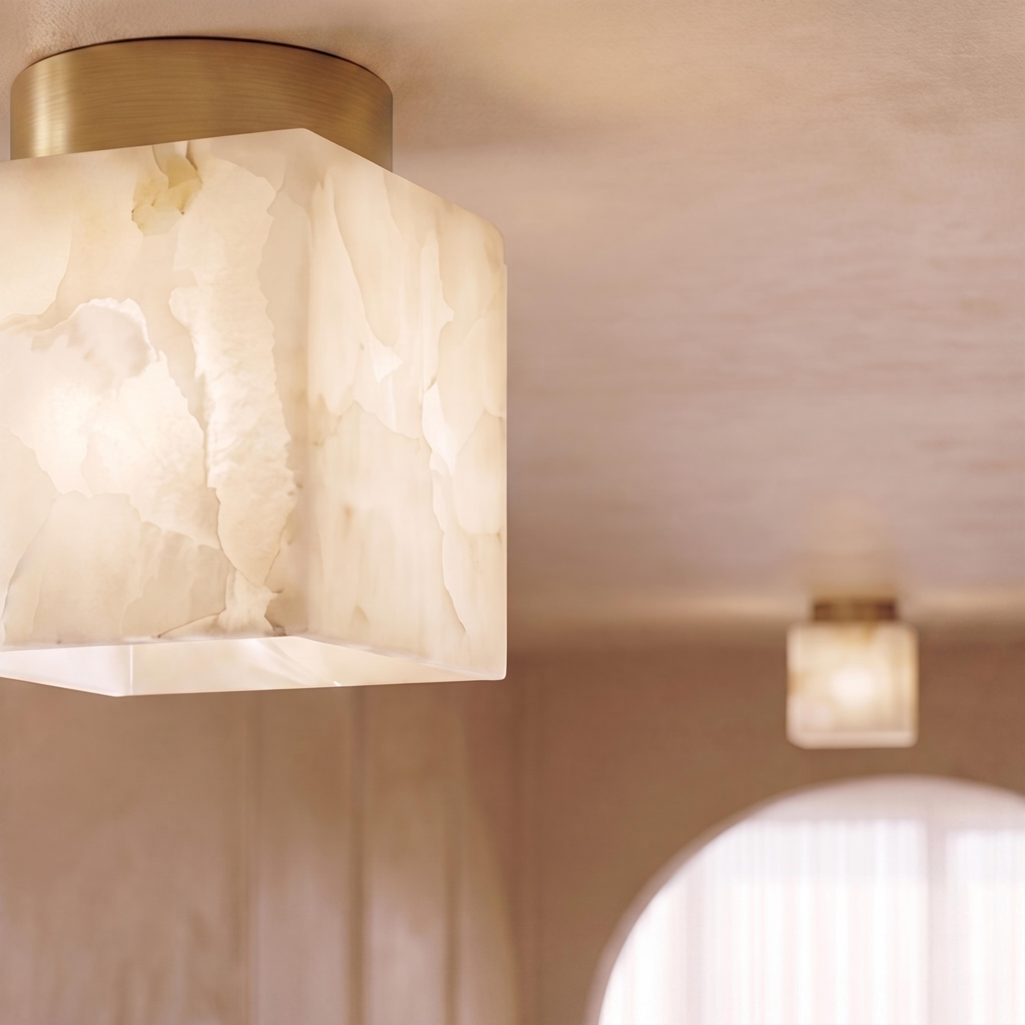 Plafonnier moderne à montage affleurant, cuivre et albâtre, luminaire à halo lumineux doux et chaleureux | ribuella