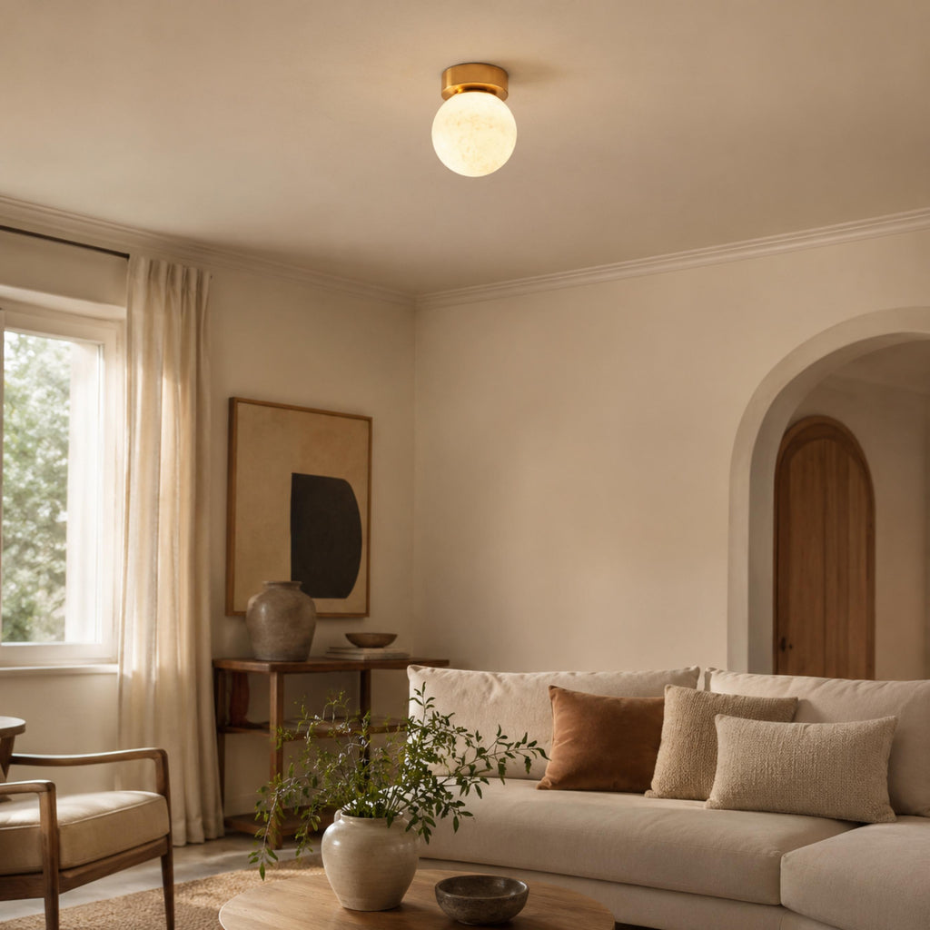 Plafonnier moderne à montage affleurant, cuivre et albâtre, luminaire à halo lumineux doux et chaleureux | ribuella