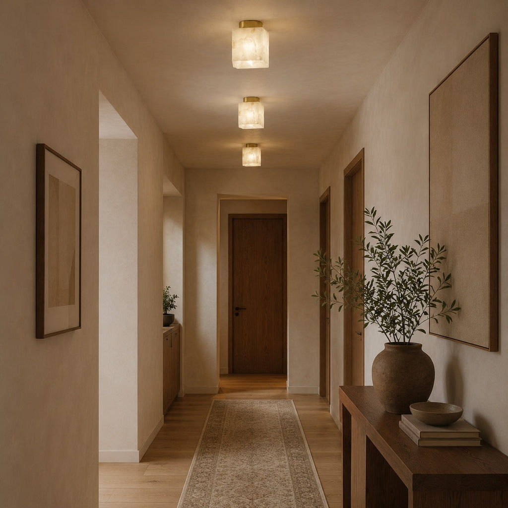 Plafonnier moderne à montage affleurant, cuivre et albâtre, luminaire à halo lumineux doux et chaleureux | ribuella