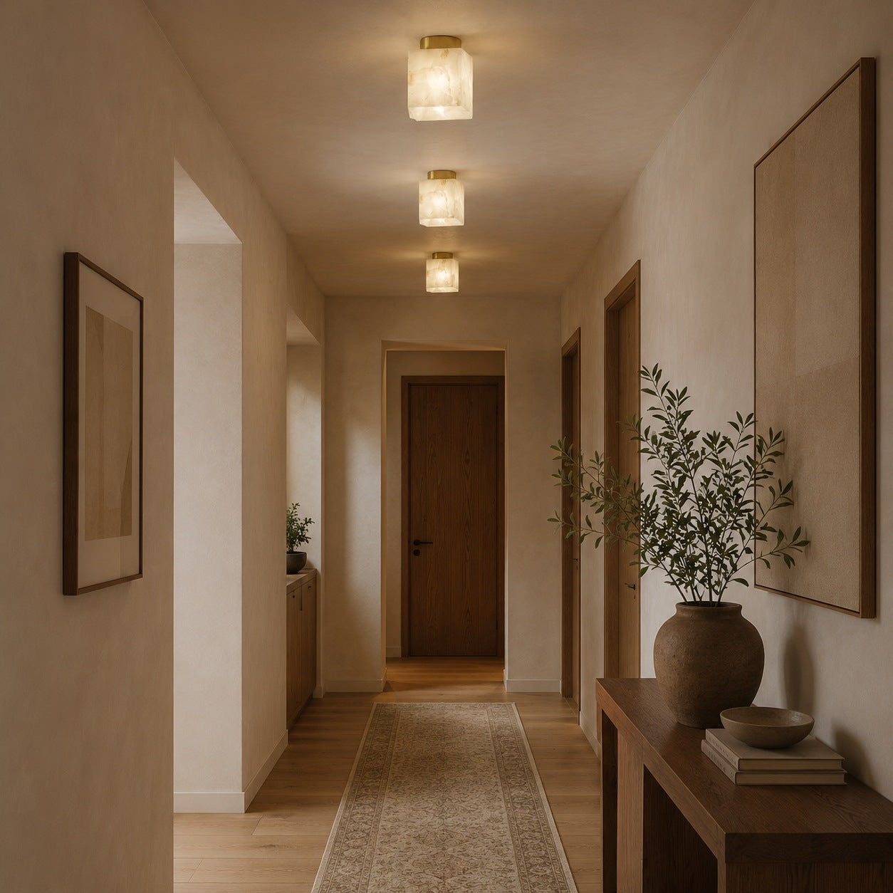 Plafonnier moderne à montage affleurant, cuivre et albâtre, luminaire à halo lumineux doux et chaleureux | ribuella
