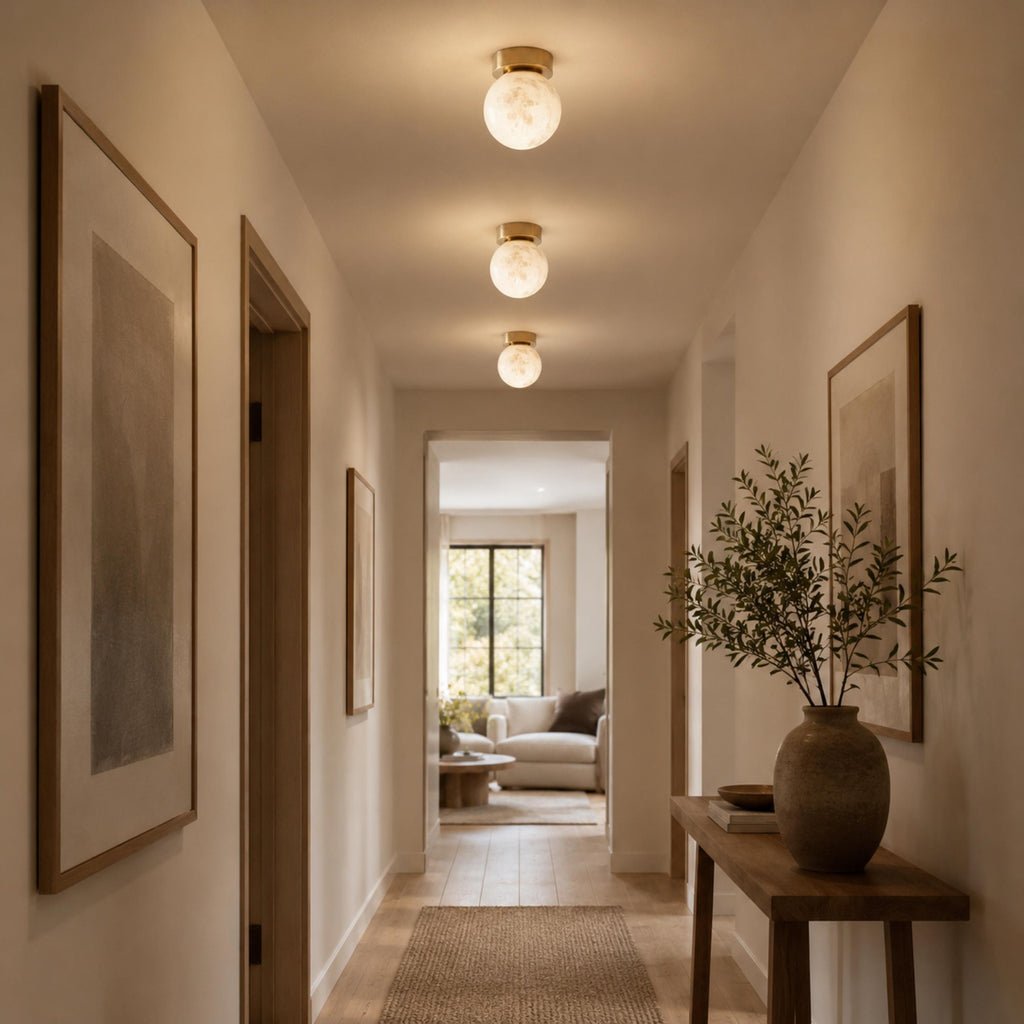 Plafonnier moderne à montage affleurant, cuivre et albâtre, luminaire à halo lumineux doux et chaleureux | ribuella