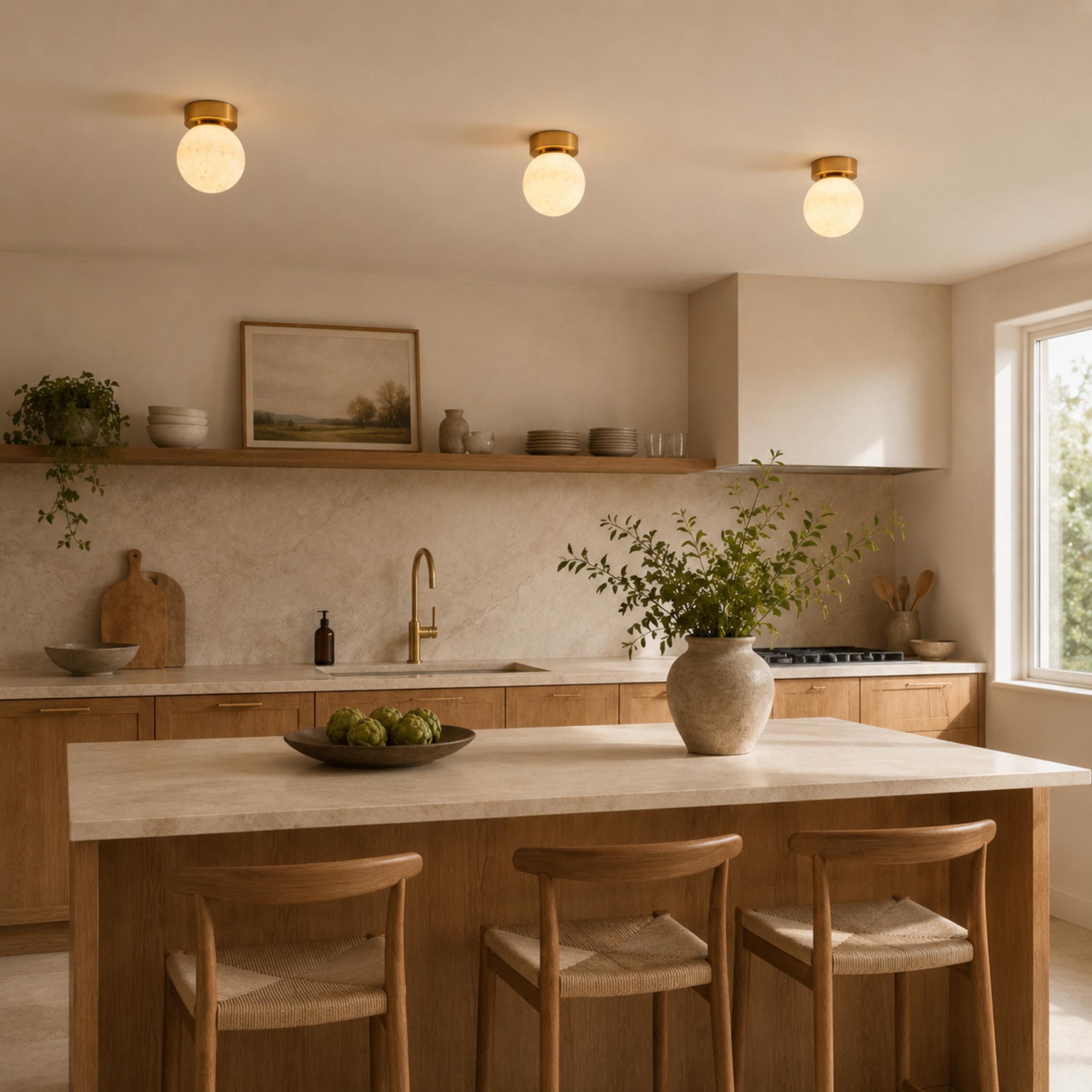 Plafonnier moderne à montage affleurant, cuivre et albâtre, luminaire à halo lumineux doux et chaleureux | ribuella