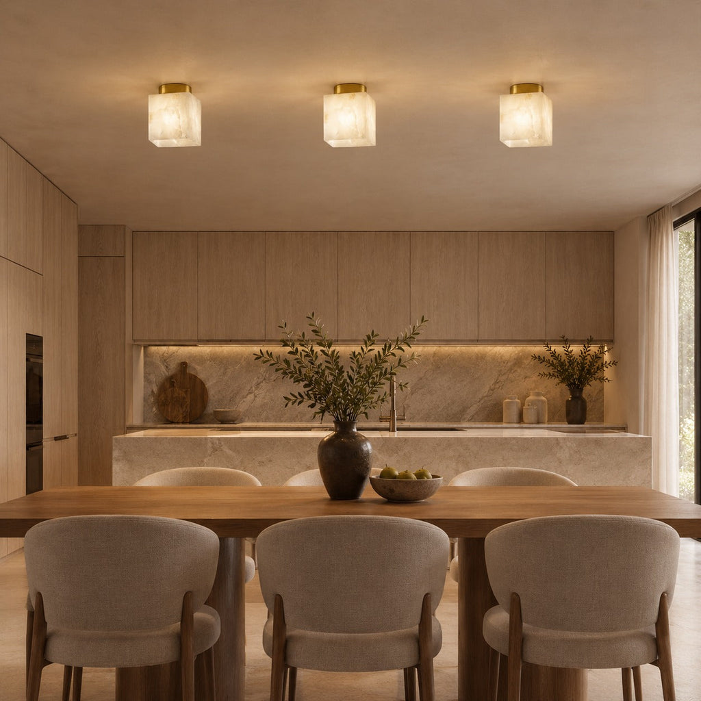 Plafonnier moderne à montage affleurant, cuivre et albâtre, luminaire à halo lumineux doux et chaleureux | ribuella