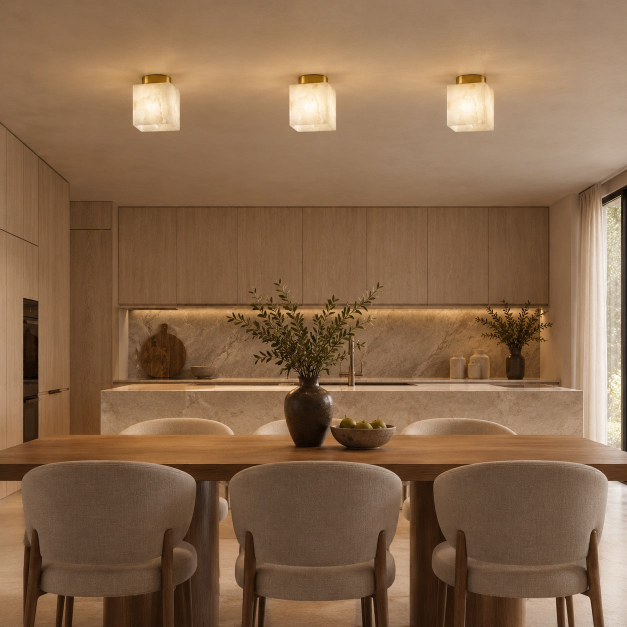 Plafonnier moderne à montage affleurant, cuivre et albâtre, luminaire à halo lumineux doux et chaleureux | ribuella