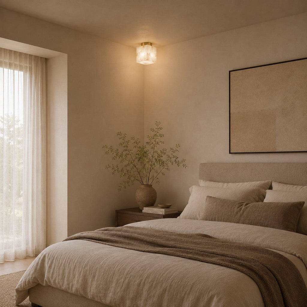 Plafonnier moderne à montage affleurant, cuivre et albâtre, luminaire à halo lumineux doux et chaleureux | ribuella