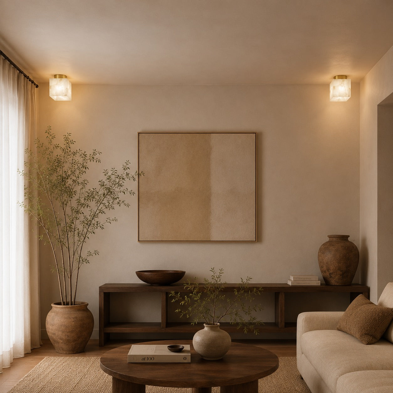 Plafonnier moderne à montage affleurant, cuivre et albâtre, luminaire à halo lumineux doux et chaleureux | ribuella