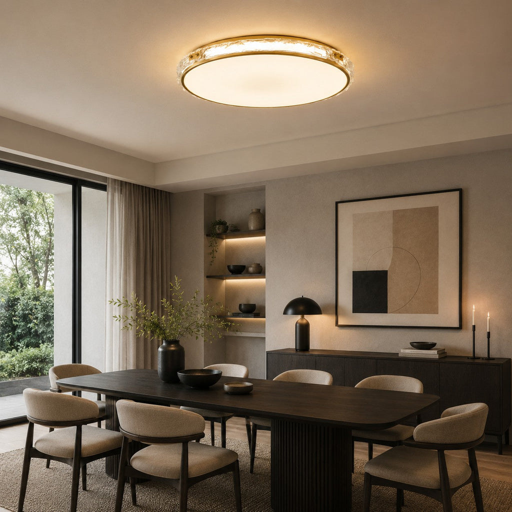 Moderne flächenbündige Deckenleuchte aus Kupfer und Glas mit sanftem, stimmungsvollem Licht | ribuella