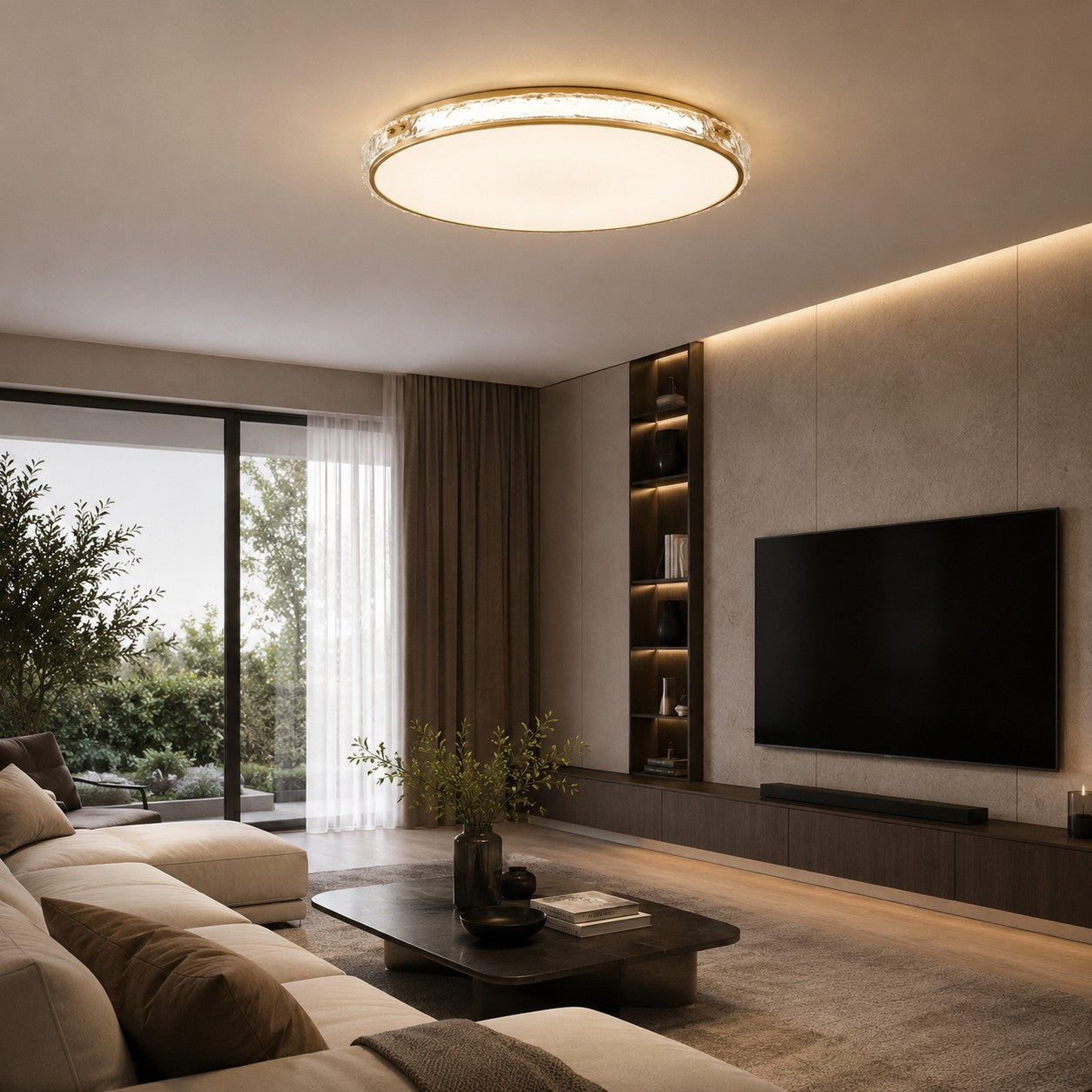 Moderne flächenbündige Deckenleuchte aus Kupfer und Glas mit sanftem, stimmungsvollem Licht | ribuella