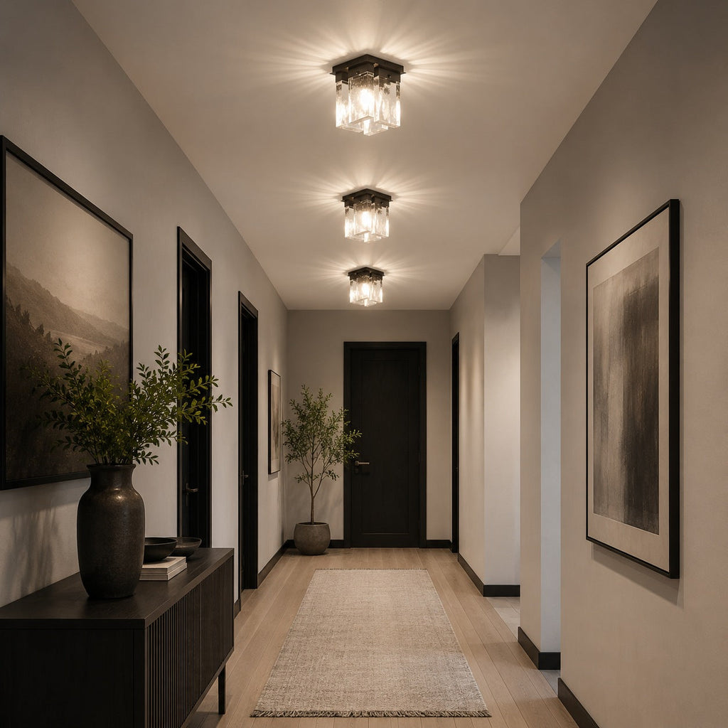 Moderní stropní svítidlo s přisazenou montáží, geometrický design, měď, železo, texturované sklo, LED ambientní záře | ribuella