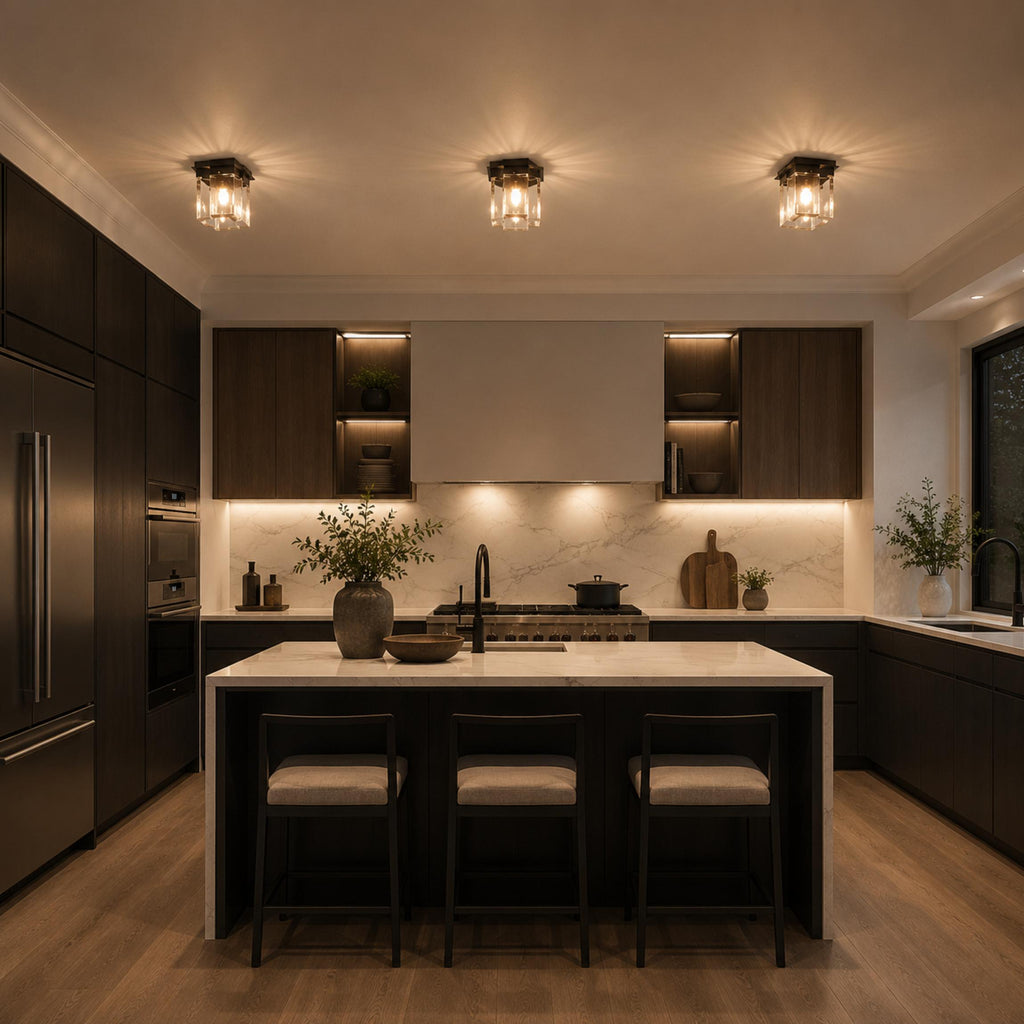 Moderní stropní svítidlo s přisazenou montáží, geometrický design, měď, železo, texturované sklo, LED ambientní záře | ribuella