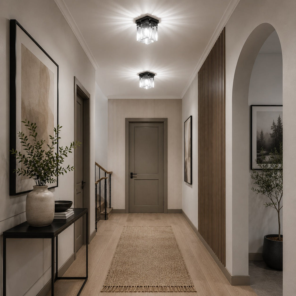 Moderní stropní svítidlo s přisazenou montáží, geometrický design, měď, železo, texturované sklo, LED ambientní záře | ribuella