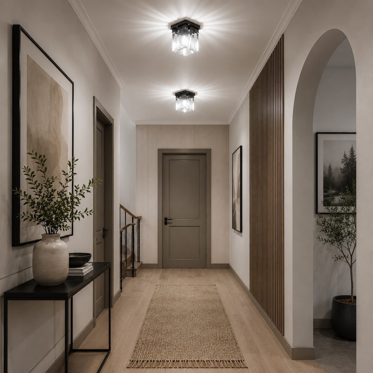 Moderní stropní svítidlo s přisazenou montáží, geometrický design, měď, železo, texturované sklo, LED ambientní záře | ribuella