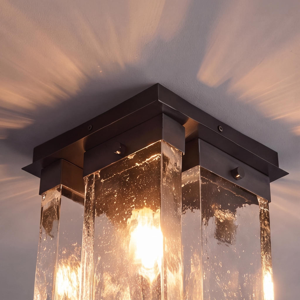 Moderní stropní svítidlo s přisazenou montáží, geometrický design, měď, železo, texturované sklo, LED ambientní záře | ribuella