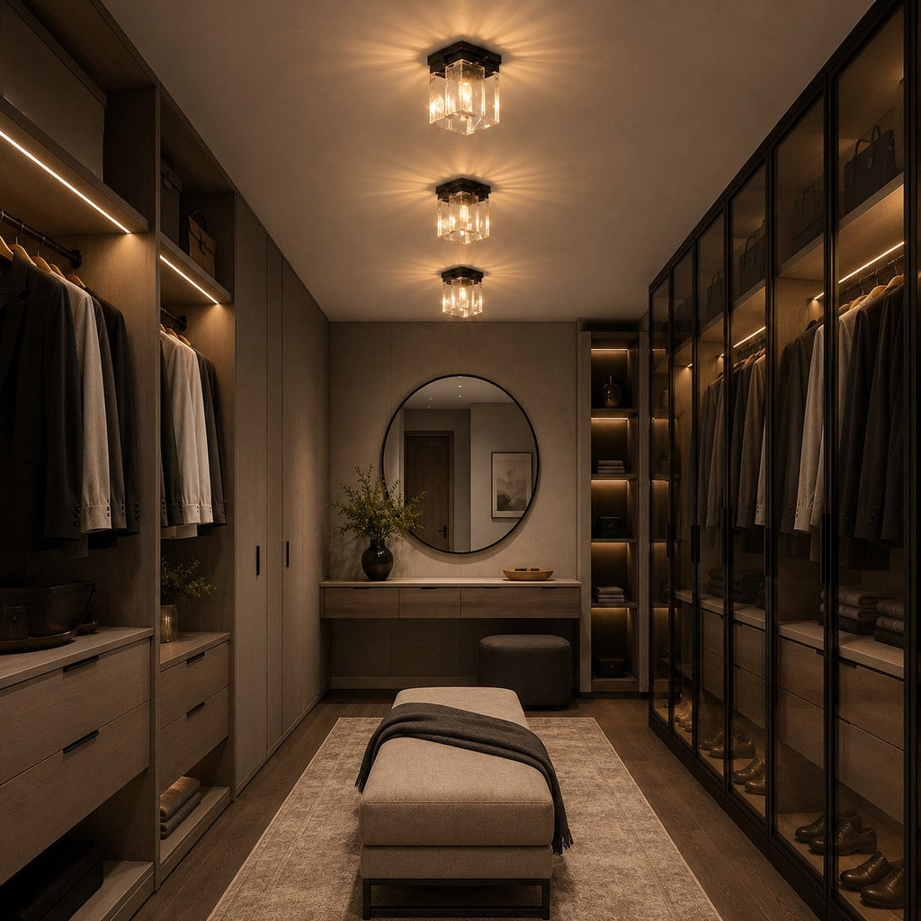 Moderní stropní svítidlo s přisazenou montáží, geometrický design, měď, železo, texturované sklo, LED ambientní záře | ribuella