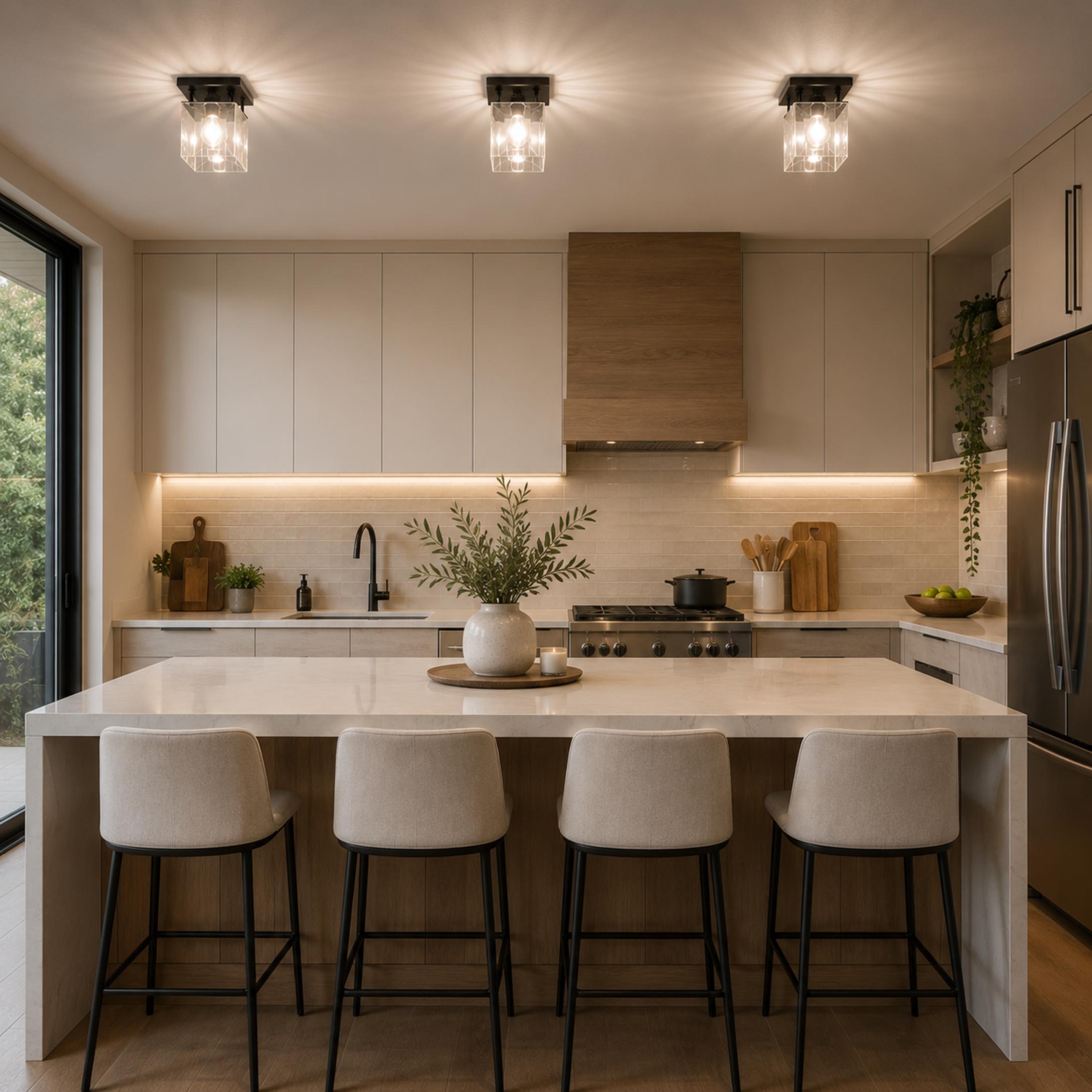 Moderní stropní svítidlo s přisazenou montáží, geometrický design, měď, železo, texturované sklo, LED ambientní záře | ribuella