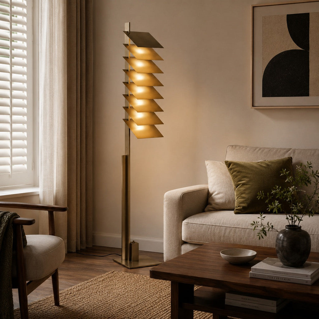 Lampadaire industriel moderne avec abat-jour en aluminium réglable et LED intégrée, finition bronze | ribuella
