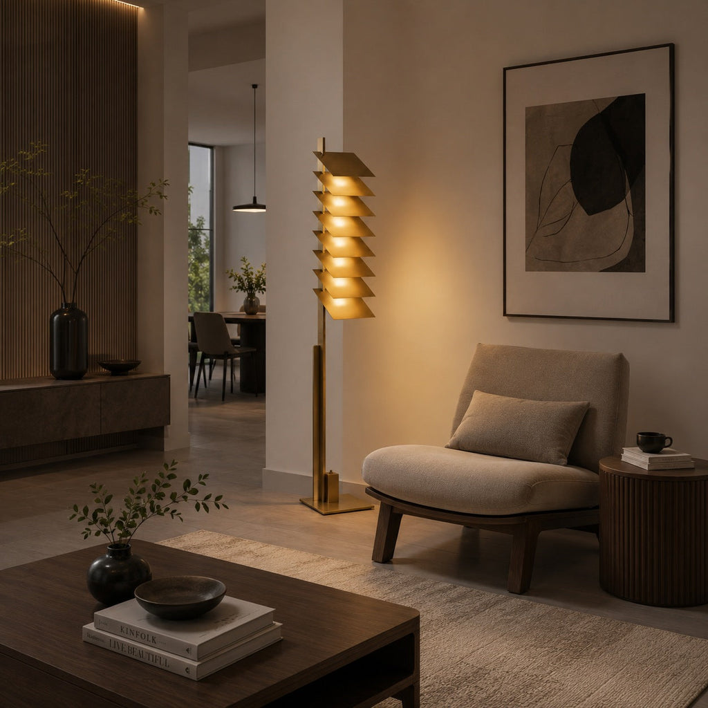 Lampadaire industriel moderne avec abat-jour en aluminium réglable et LED intégrée, finition bronze | ribuella