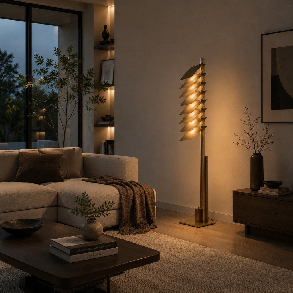 Lampadaire industriel moderne avec abat-jour en aluminium réglable et LED intégrée, finition bronze | ribuella