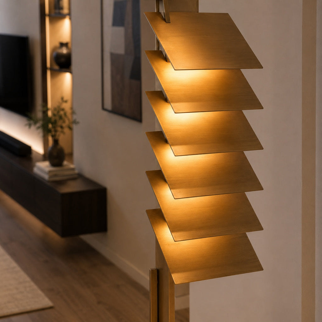 Lampadaire industriel moderne avec abat-jour en aluminium réglable et LED intégrée, finition bronze | ribuella