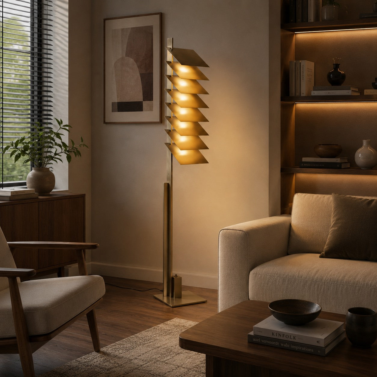 Lampadaire industriel moderne avec abat-jour en aluminium réglable et LED intégrée, finition bronze | ribuella
