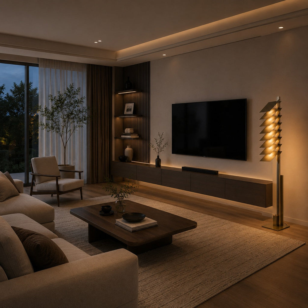 Lampadaire industriel moderne avec abat-jour en aluminium réglable et LED intégrée, finition bronze | ribuella