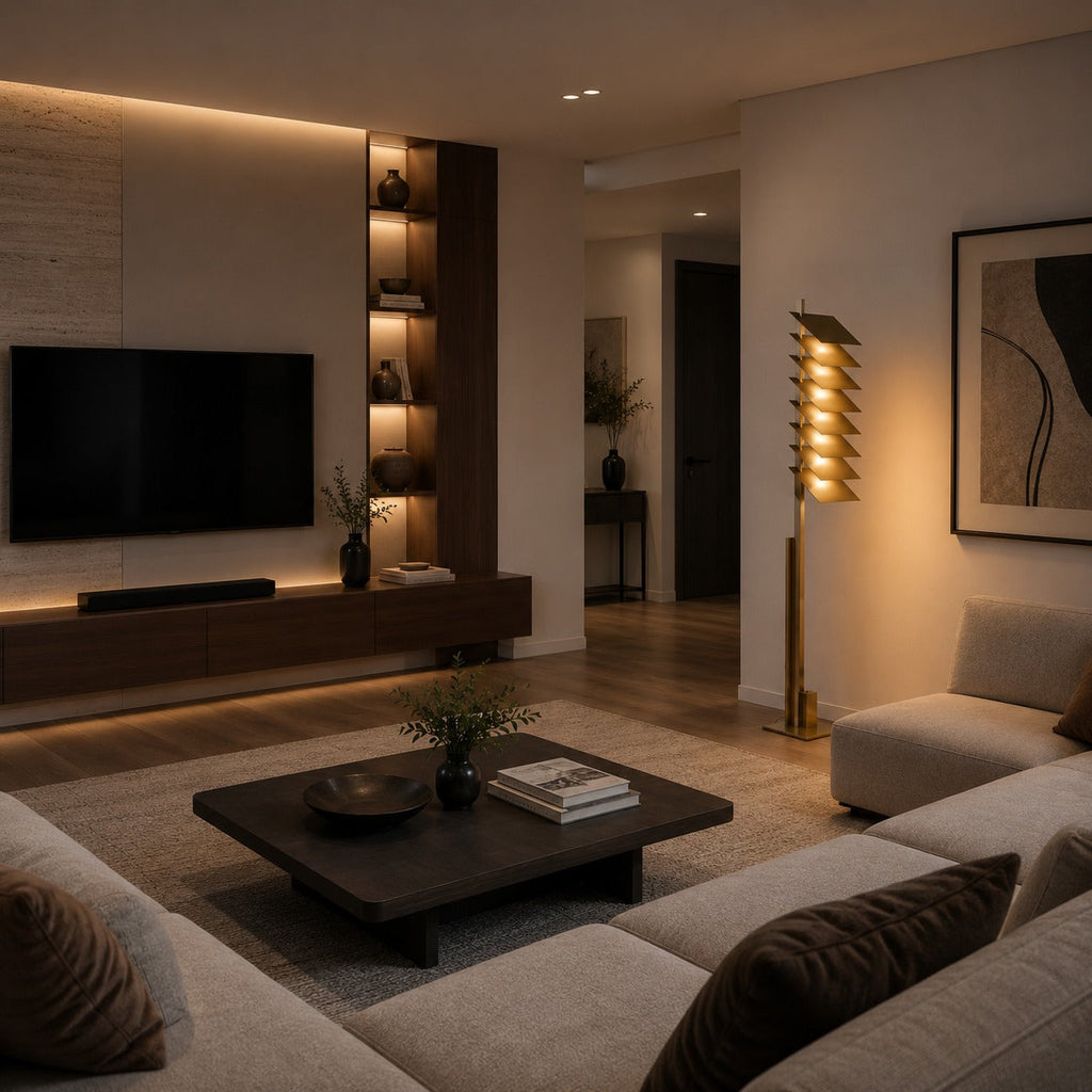 Lampadaire industriel moderne avec abat-jour en aluminium réglable et LED intégrée, finition bronze | ribuella