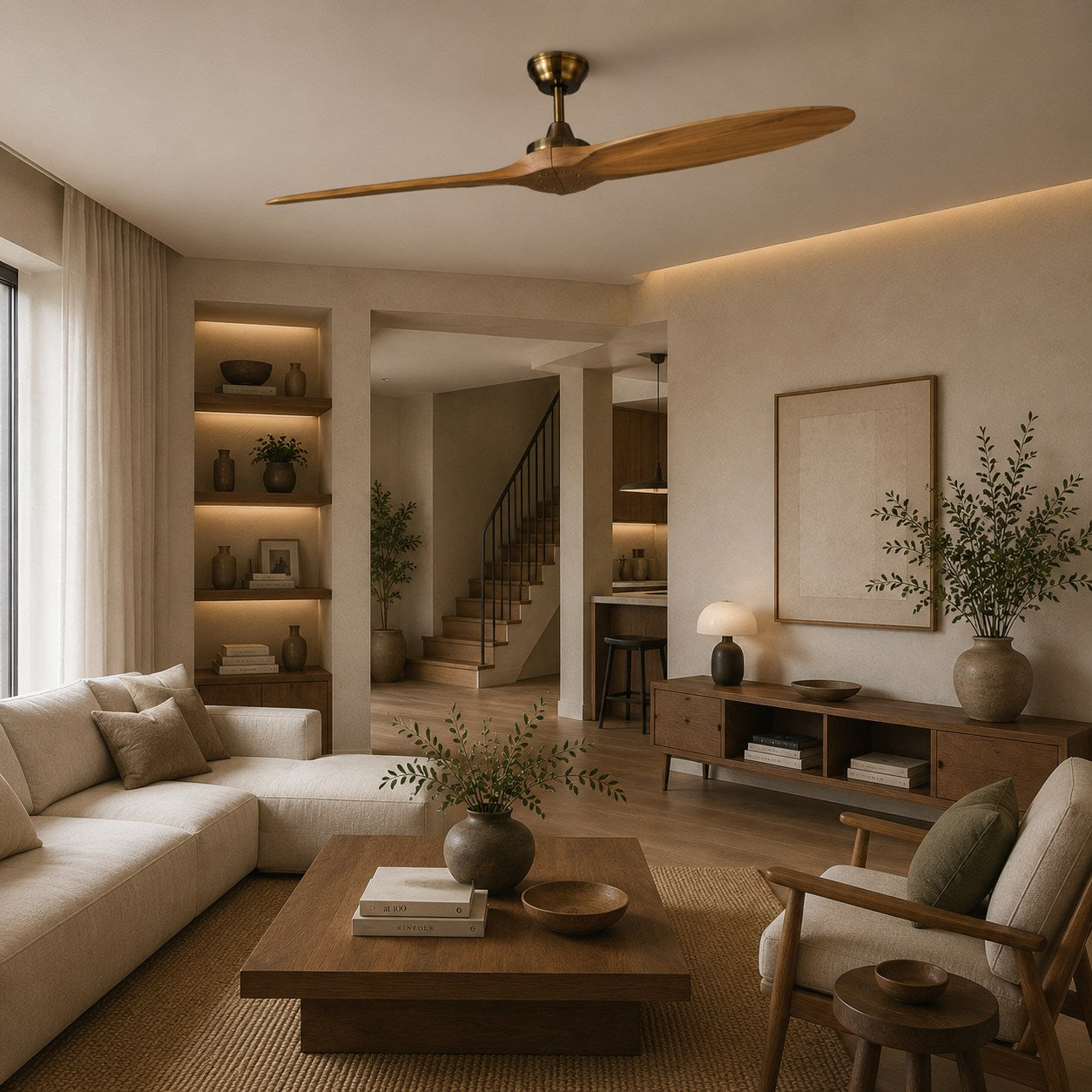 Moderner großer Deckenventilator zur flächenbündigen Montage mit Holzflügeln, 60 Inch, Gleichstrommotor, 6 Geschwindigkeitsstufen und Fernbedienung | ribuella