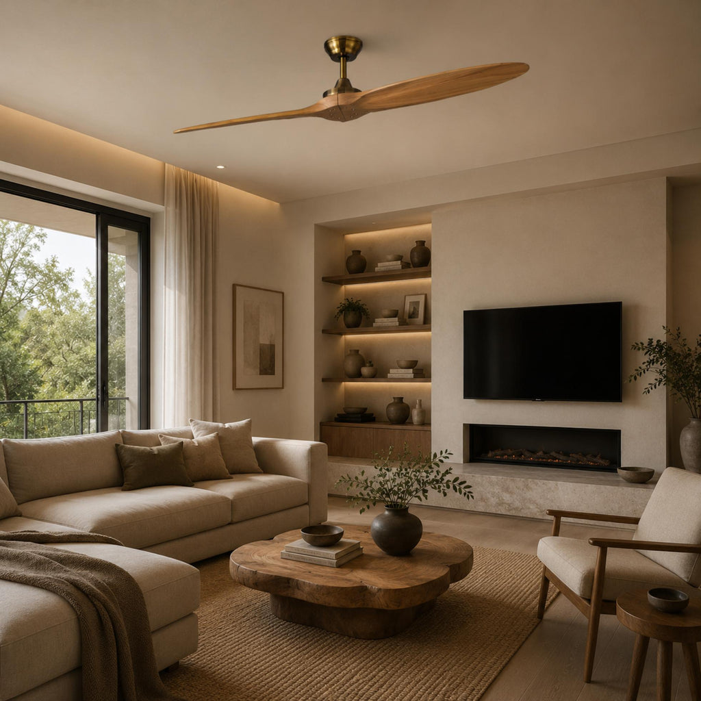 Moderner großer Deckenventilator zur flächenbündigen Montage mit Holzflügeln, 60 Inch, Gleichstrommotor, 6 Geschwindigkeitsstufen und Fernbedienung | ribuella