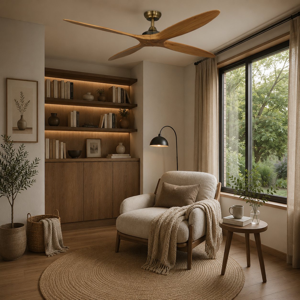 Moderner großer Deckenventilator zur flächenbündigen Montage mit Holzflügeln, 60 Inch, Gleichstrommotor, 6 Geschwindigkeitsstufen und Fernbedienung | ribuella