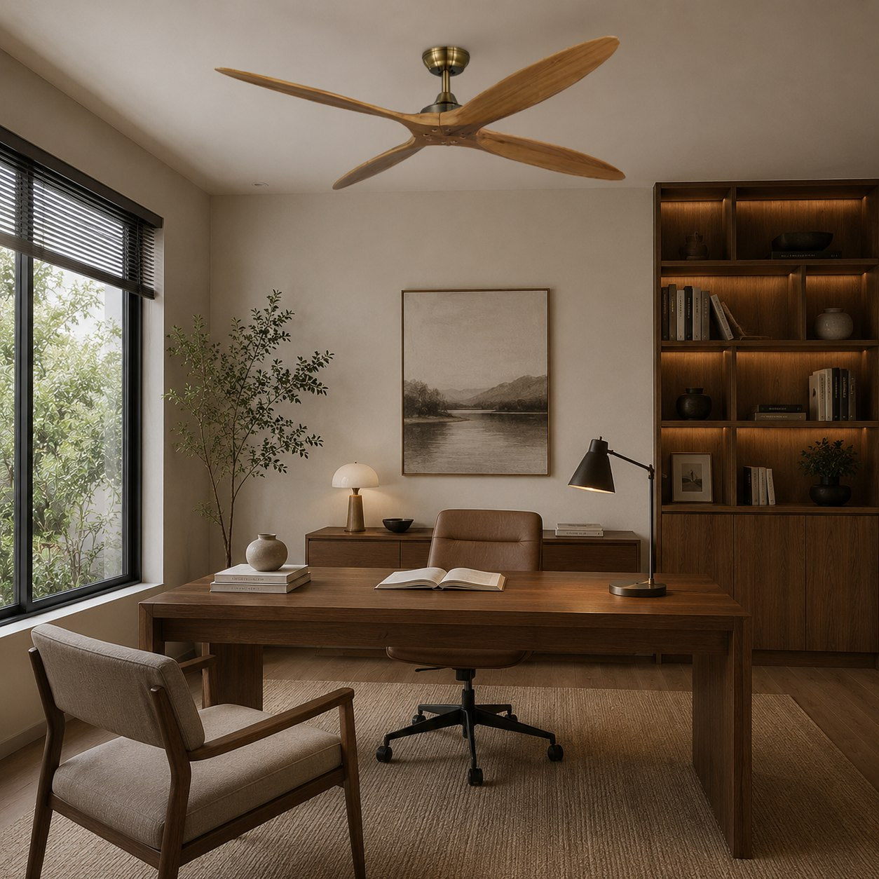 Moderner großer Deckenventilator zur flächenbündigen Montage mit Holzflügeln, 60 Inch, Gleichstrommotor, 6 Geschwindigkeitsstufen und Fernbedienung | ribuella