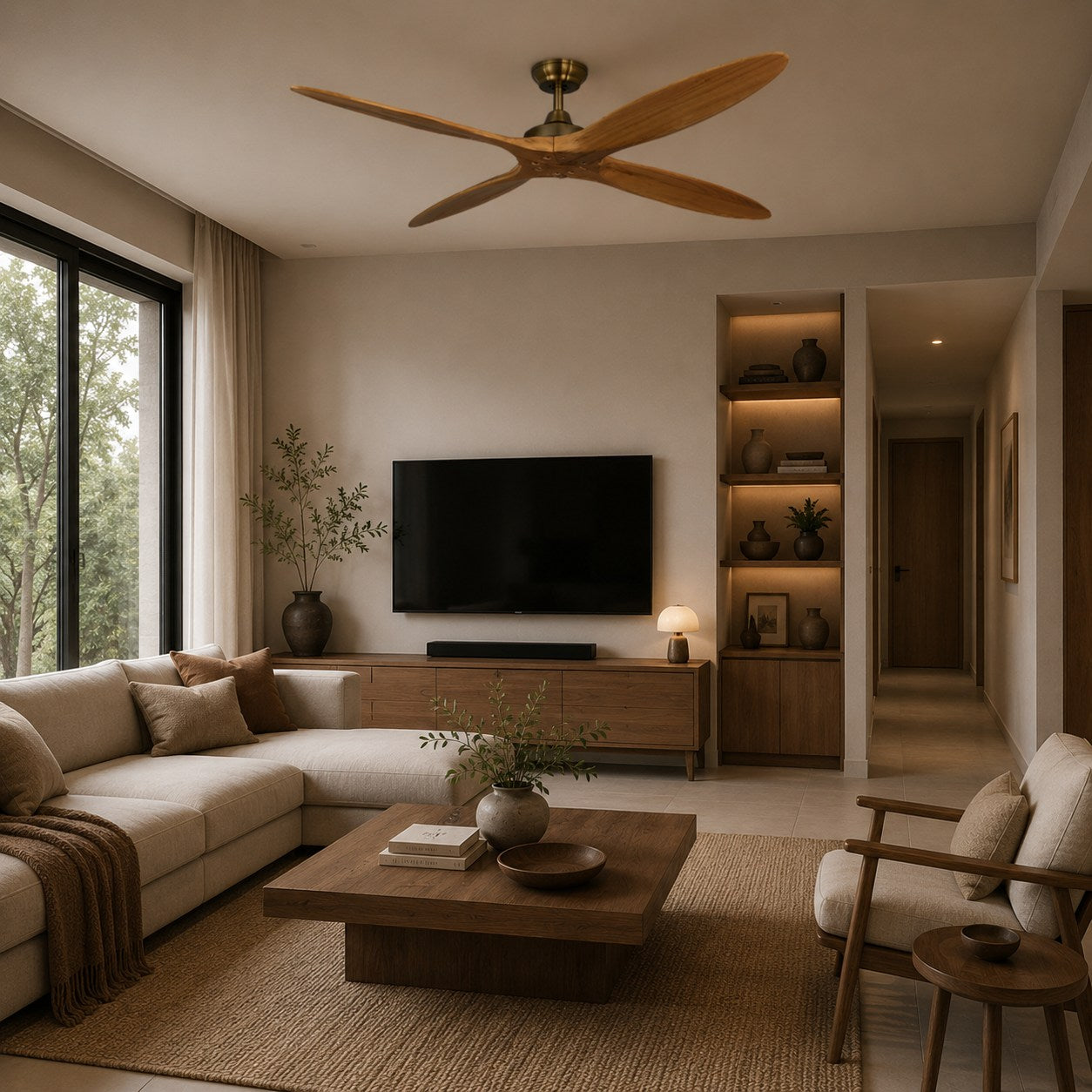 Moderner großer Deckenventilator zur flächenbündigen Montage mit Holzflügeln, 60 Inch, Gleichstrommotor, 6 Geschwindigkeitsstufen und Fernbedienung | ribuella