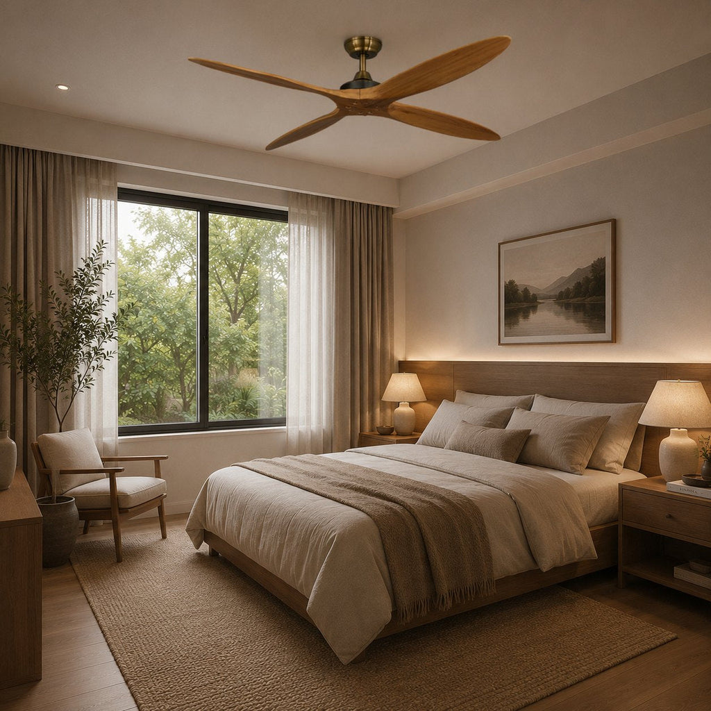 Moderner großer Deckenventilator zur flächenbündigen Montage mit Holzflügeln, 60 Inch, Gleichstrommotor, 6 Geschwindigkeitsstufen und Fernbedienung | ribuella
