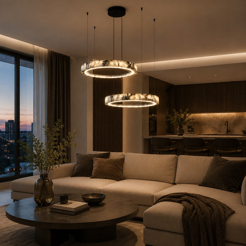 Modern Multi Ring Chandelier Pendant Light Adjustable Natural Marble Integrated LED Illumination | ribuella