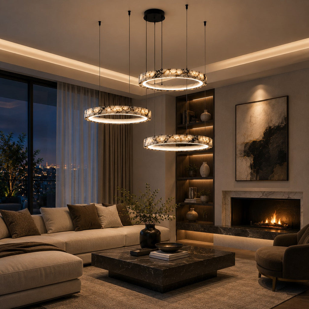 Modern Multi Ring Chandelier Pendant Light Adjustable Natural Marble Integrated LED Illumination | ribuella