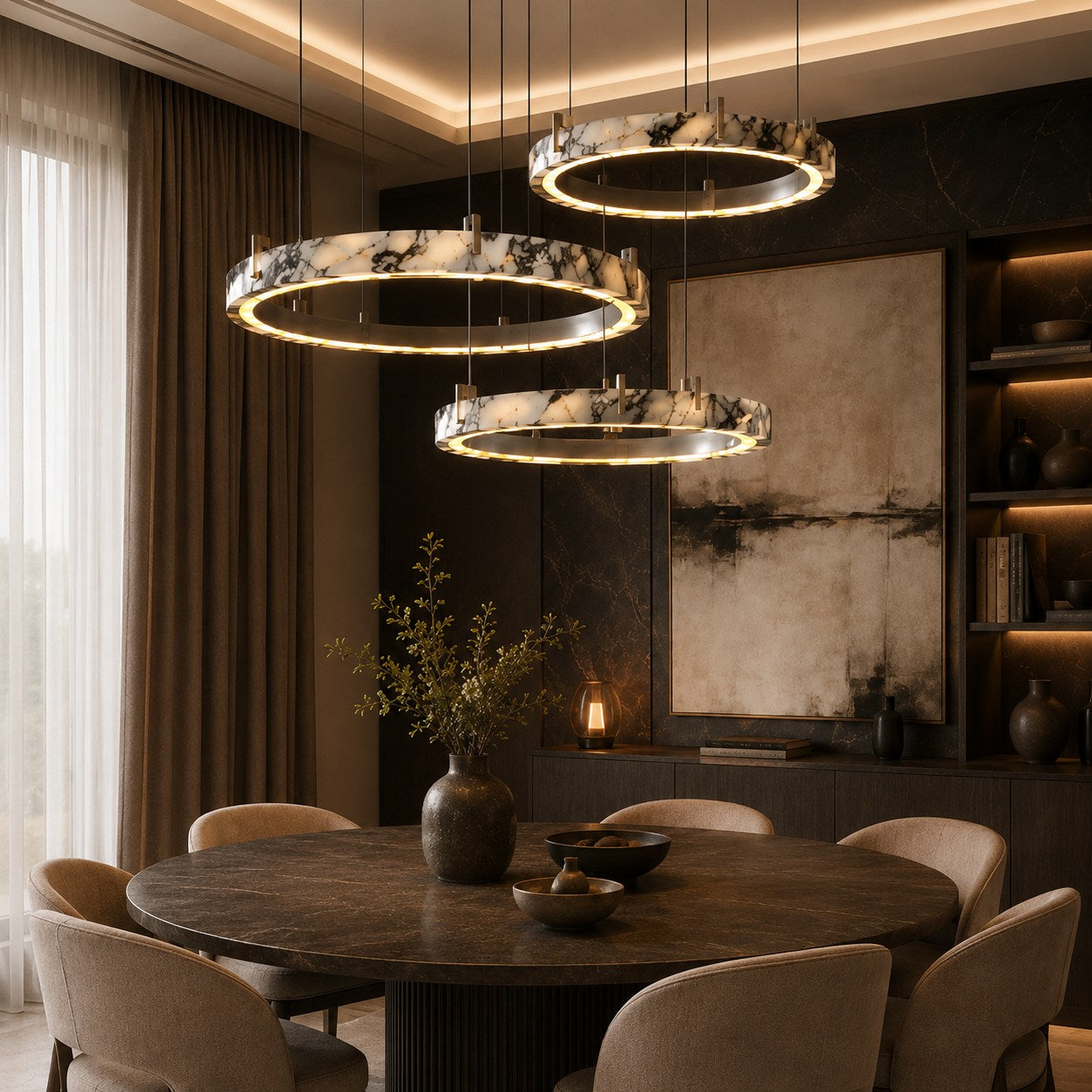 Modern Multi Ring Chandelier Pendant Light Adjustable Natural Marble Integrated LED Illumination | ribuella