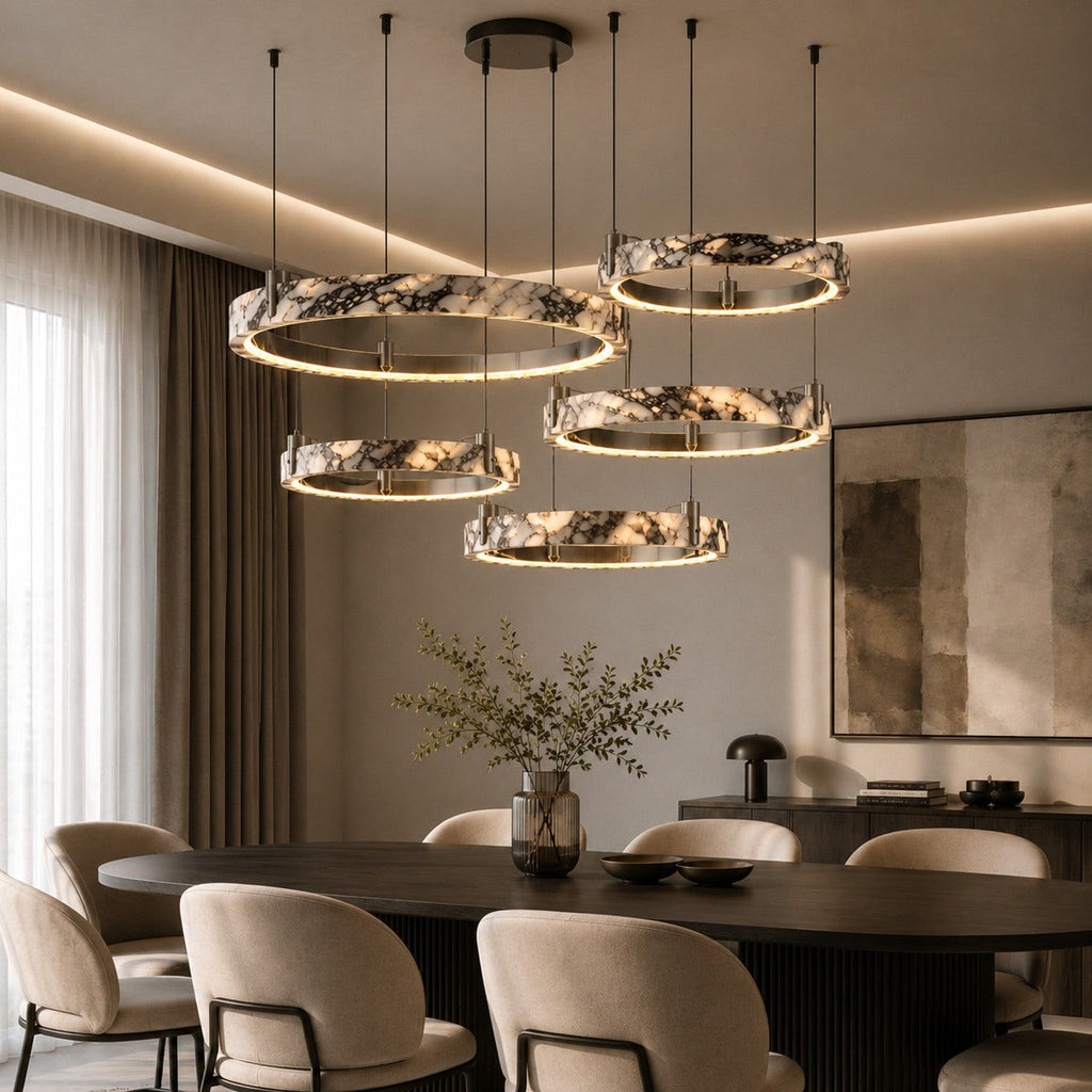 Modern Multi Ring Chandelier Pendant Light Adjustable Natural Marble Integrated LED Illumination | ribuella