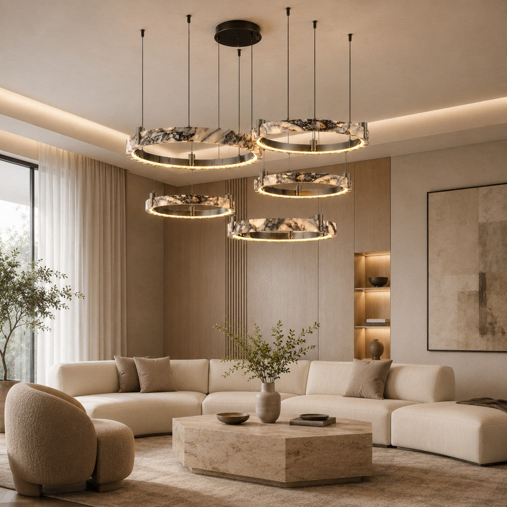 Modern Multi Ring Chandelier Pendant Light Adjustable Natural Marble Integrated LED Illumination | ribuella