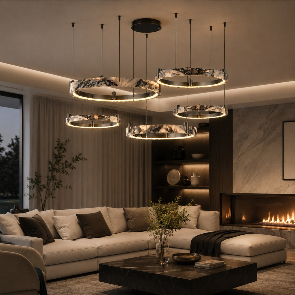 Modern Multi Ring Chandelier Pendant Light Adjustable Natural Marble Integrated LED Illumination | ribuella