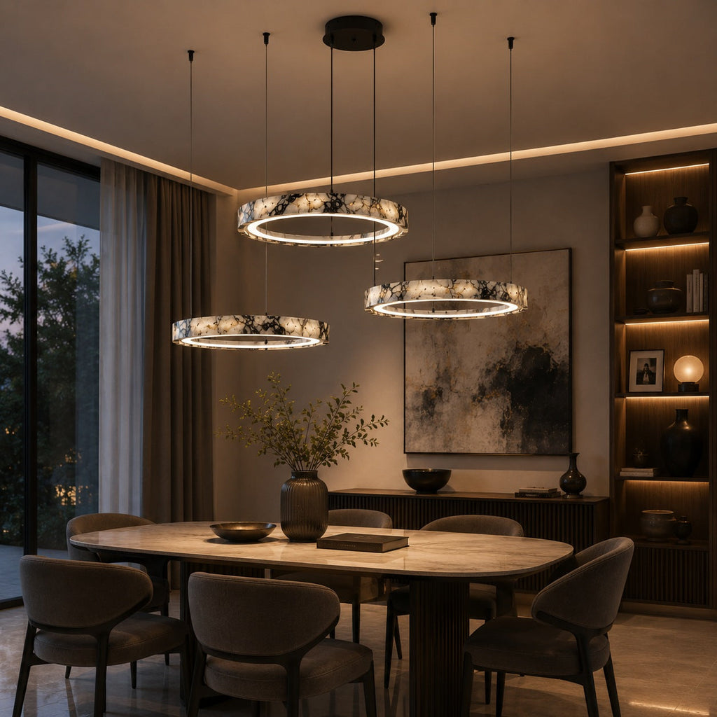 Modern Multi Ring Chandelier Pendant Light Adjustable Natural Marble Integrated LED Illumination | ribuella