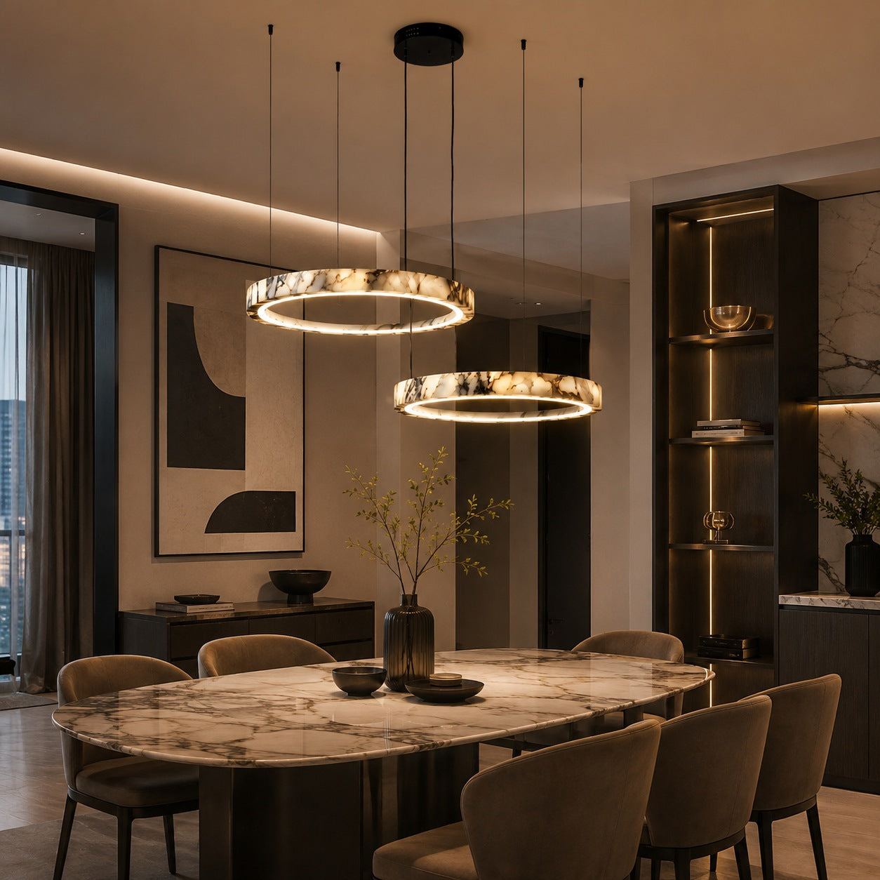 Modern Multi Ring Chandelier Pendant Light Adjustable Natural Marble Integrated LED Illumination | ribuella