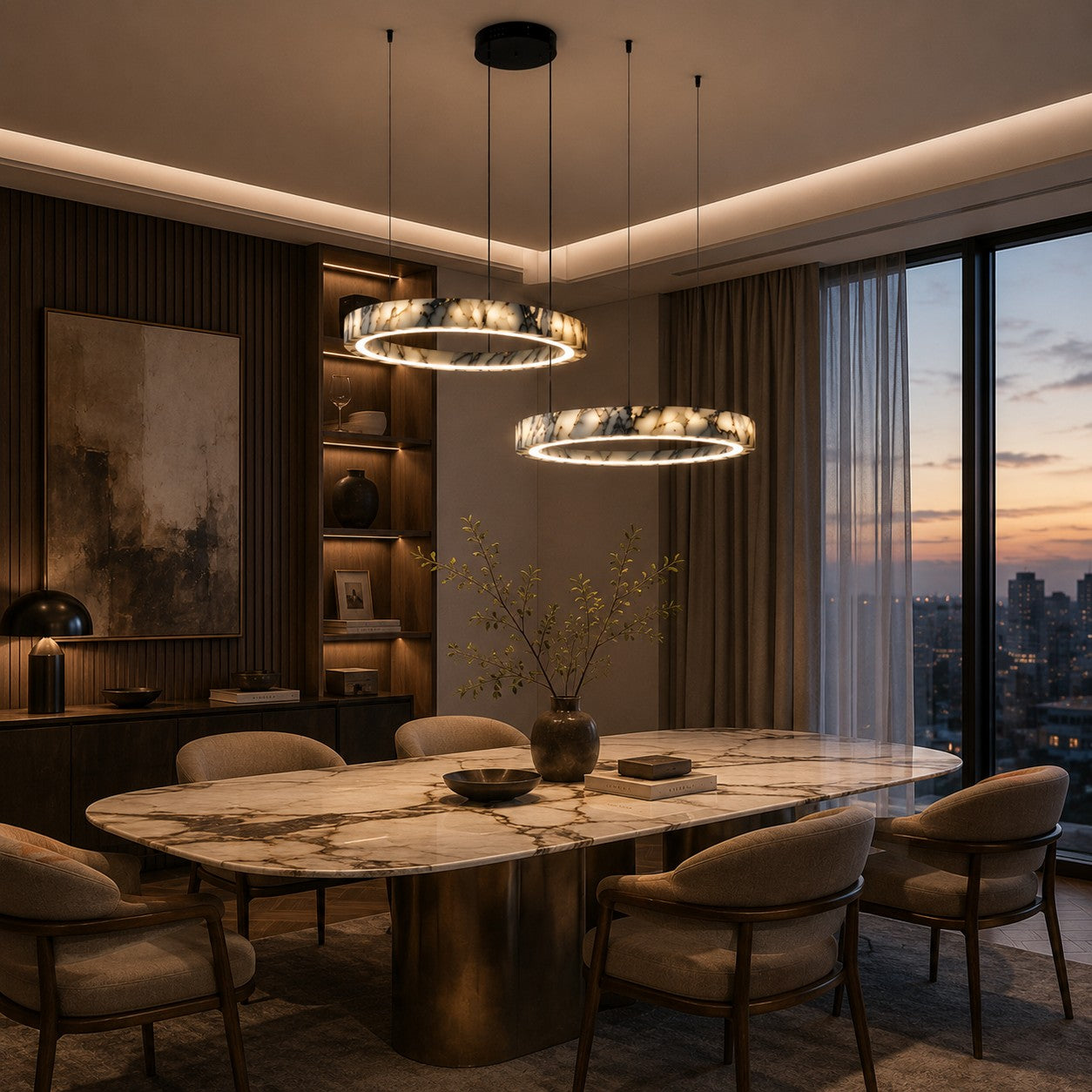 Modern Multi Ring Chandelier Pendant Light Adjustable Natural Marble Integrated LED Illumination | ribuella