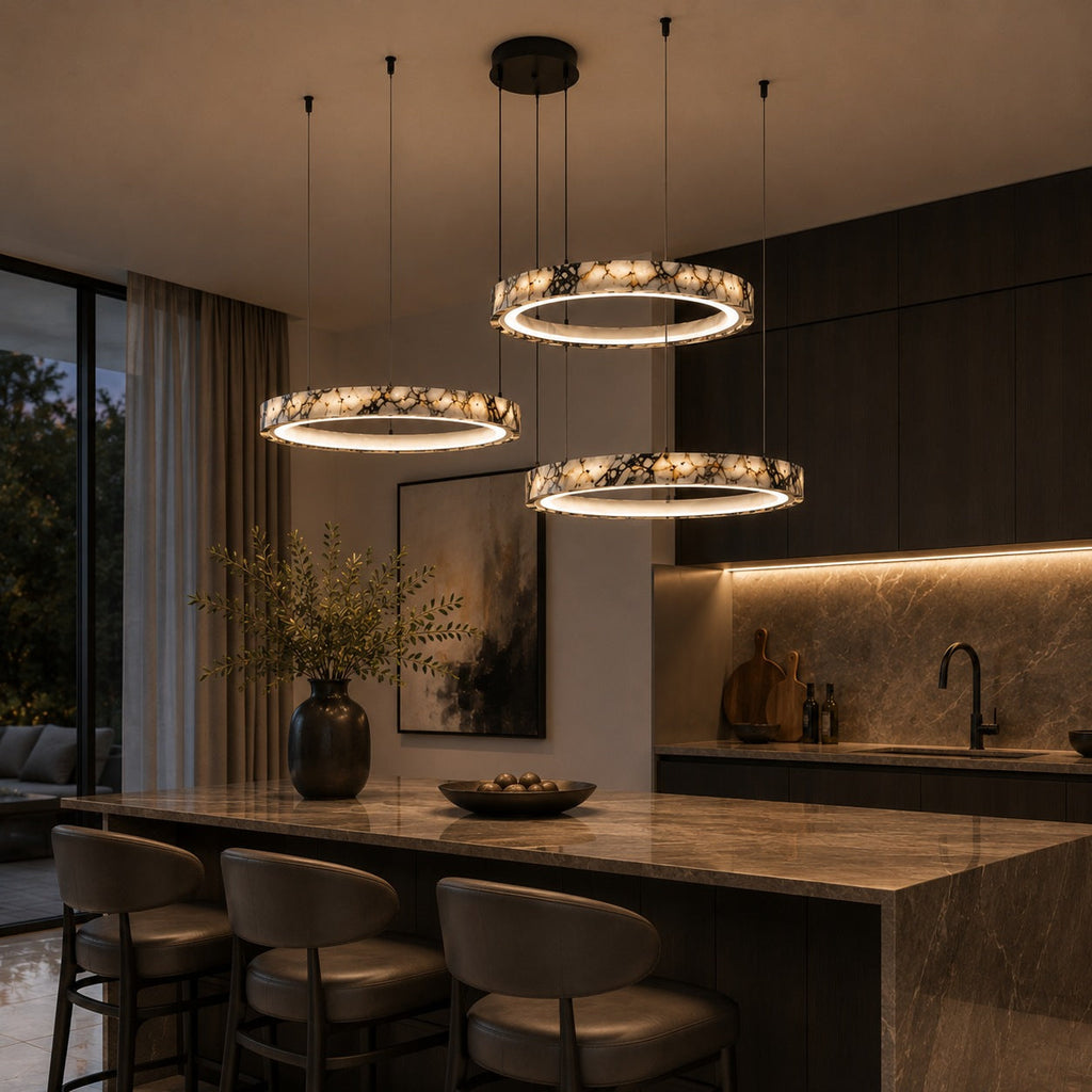 Modern Multi Ring Chandelier Pendant Light Adjustable Natural Marble Integrated LED Illumination | ribuella